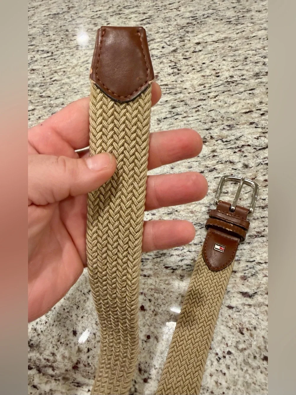 Vtg Y2K Tommy Hilfiger Mens 36-38 Braided Stretch Belt Khaki Brown Leather Logo